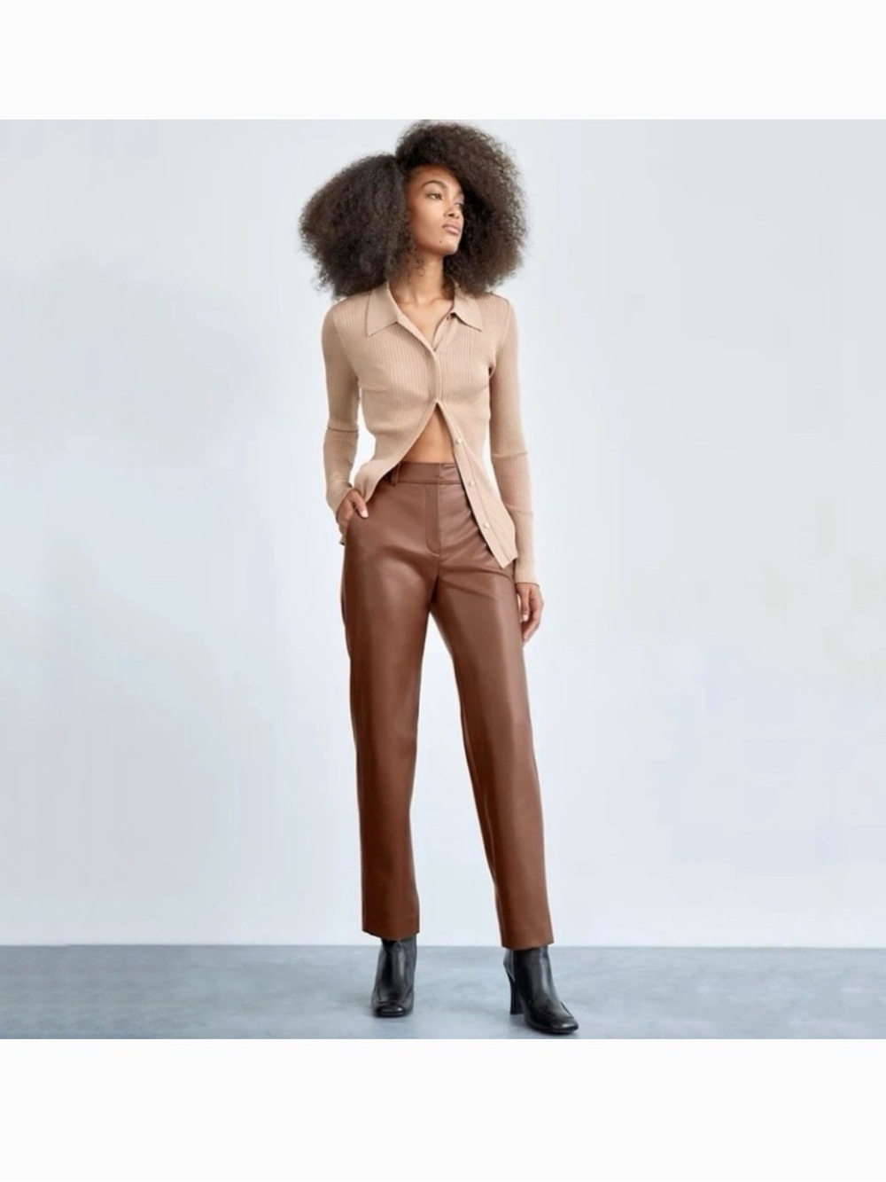 Aritzia Babaton Command Pant Vegan Leather High Waist Trouser Patina Brown